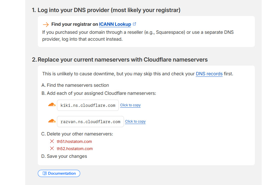 หน้าจอ Cloudflare แสดง nameserver ใหม่ที่ต้องตั้งค่า
