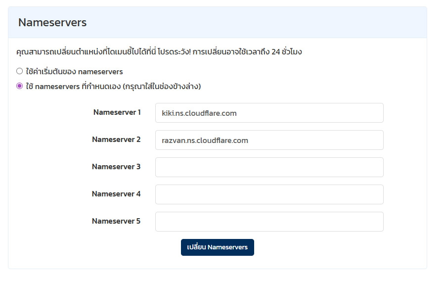 ภาพหน้าจอหน้าเปลี่ยน Nameservers แสดงตัวเลือกใช้ nameservers ที่กำหนดเอง