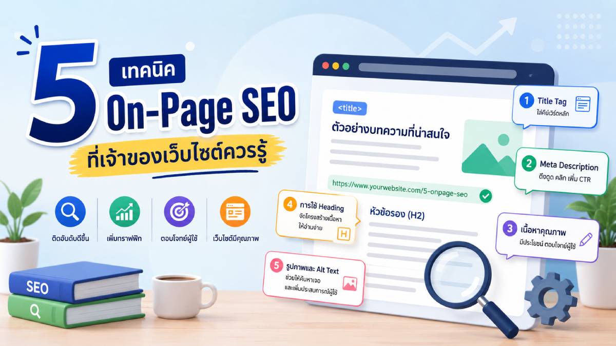 5 เทคนิคการทำ On-Page SEO ที่เจ้าของเว็บไซต์ควรรู้ พร้อมตัวอย่างการปรับแต่ง Title Tag, Meta Description, Content และ Alt Text เพื่อเพิ่มอันดับบน Google.