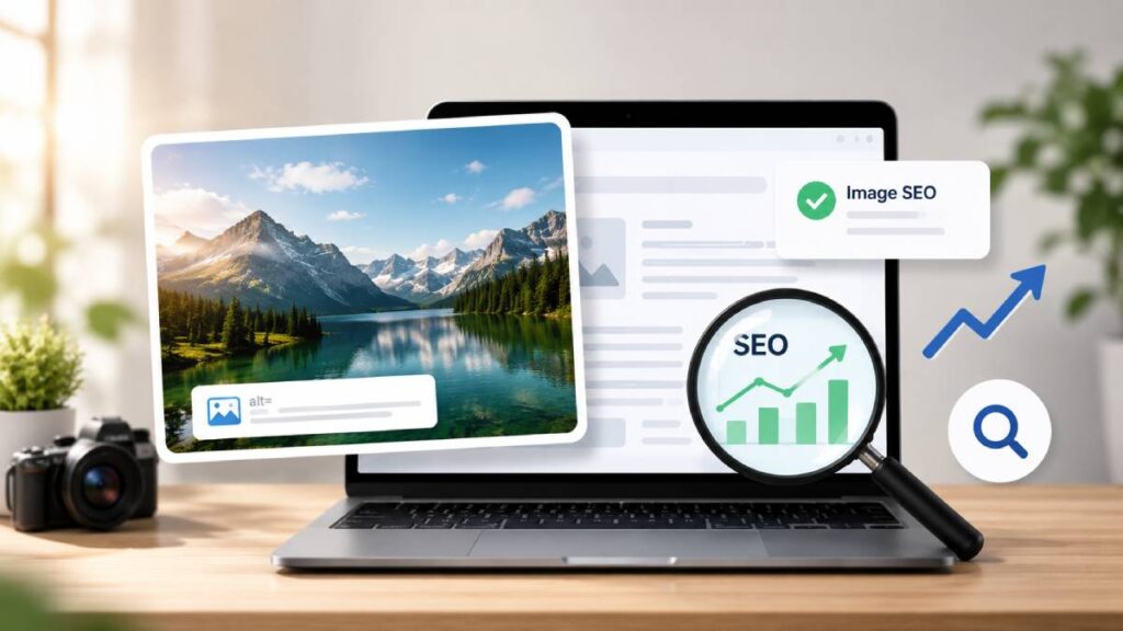 ภาพตัวอย่างการทำ Image SEO แสดงรูปภาพธรรมชาติคุณภาพสูงบนหน้าเว็บไซต์ พร้อมองค์ประกอบด้านการทำ On-Page SEO เช่น Alt Text การค้นหา และการวิเคราะห์ข้อมูล เพื่อช่วยเพิ่มการมองเห็นบน Google และปรับปรุงอันดับเว็บไซต์